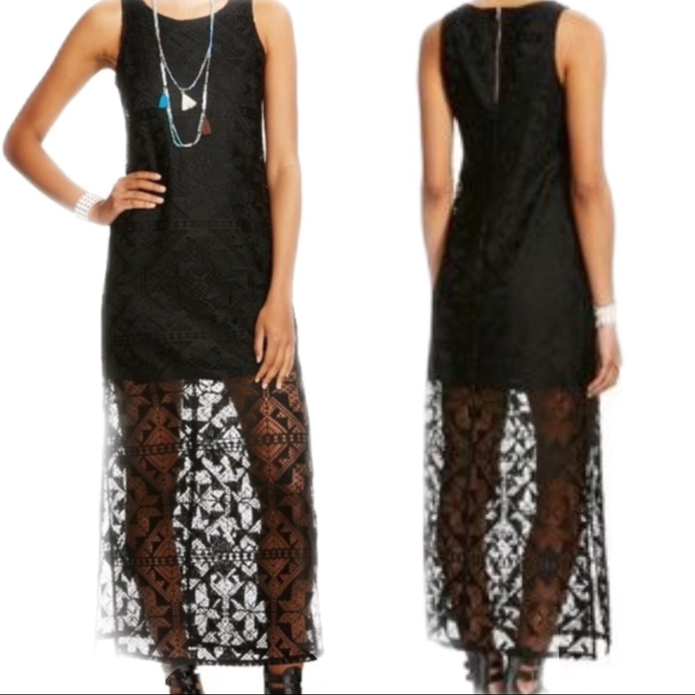 Sleeveless Black Lace Overlay Double Slit Maxi